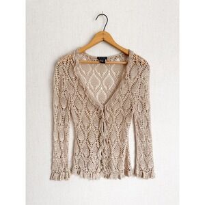 Cool Attitudes Crochet Cardigan Open Knit Boho V-Neck Large Beige Ruffle Trim